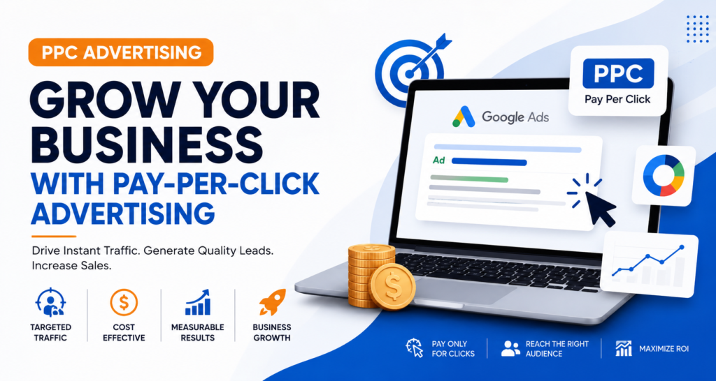PPC advertising banner showing Google Ads, targeted traffic, lead generation, and business growth through pay-per-click marketing.